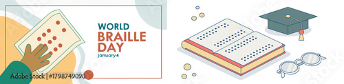 World Braille Day: Celebrating literacy and accessibility, a visually impaired hand navigates a braille sheet and an open book alongside a graduation cap and glasses.