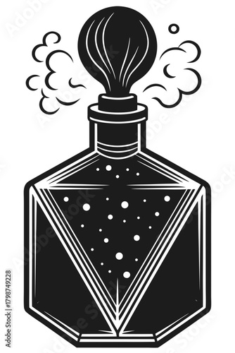 Vintage perfume bottle with sprayer emitting smoky vapor scent