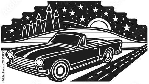 Classic convertible car driving on a road at night under a starry sky