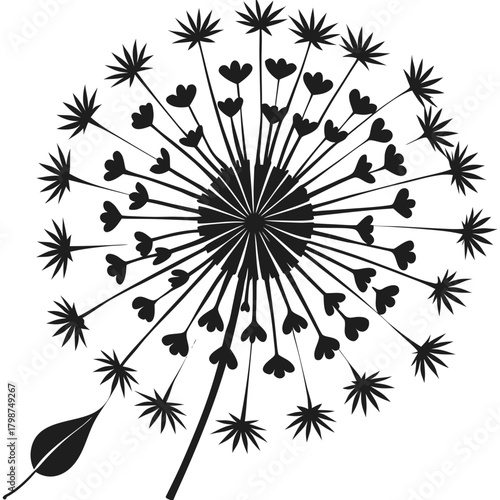 Black and white stylized dandelion puffball graphic illustration.