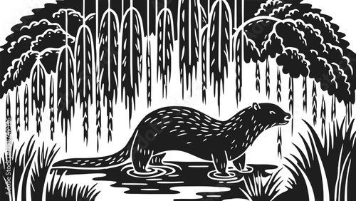 Stylized otter in natural habitat, standing in water by reeds