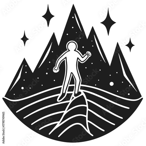 Stylized human on mountain peak under a starry night sky journey