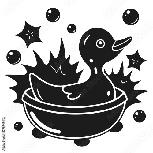 Vector cartoon rubber duck bathing in a tub with bubbles, clean concept