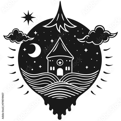 Monochrome fantasy house illustration under starry night sky.