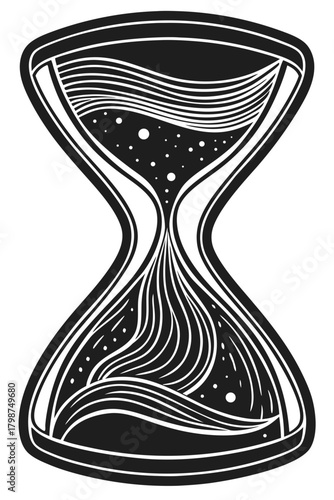 Stylized hourglass with abstract flowing sand and cosmic elements