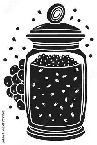 Stylized jar with berry preserve and fresh fruit illustration