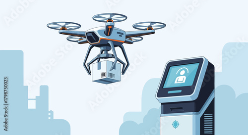 Modern drone delivering package to smart terminal in futuristic city, promising fast delivery and convenience for tech-savvy customers seeking innovation