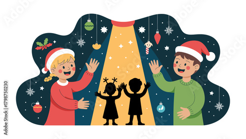 Christmas Joy: Children, filled with merriment and delight, celebrate the season as they put on a delightful shadow show, symbolizing the shared holiday cheer 