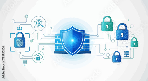 Cybersecurity shield protecting network data with lock icons, representing digital defense and secure online access for businesses and individuals