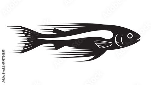 Dynamic black and white fish illustration with a unique modern style, perfect for logo design, apparel, or branding projects needing a bold aquatic element
