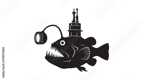 Anglerfish vector silhouette with submarine on top, a bold design element for ocean themed artwork, perfect for t-shirts, posters, and branding with a unique twist