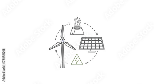 Innovative eco-friendly energy source graphic featuring wind turbine, solar panel, and geothermal plant for a sustainable future power solution