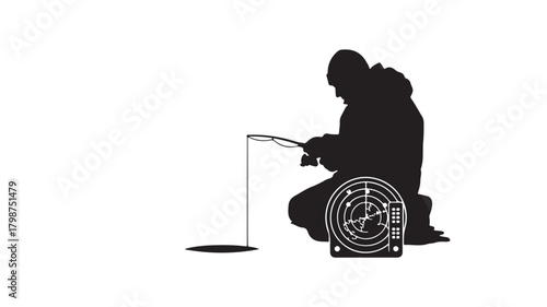 Brave ice fisherman silhouette kneeling with sonar equipment watching for a winter catch, perfect for outdoor adventure and nature themes with a touch of modern technology