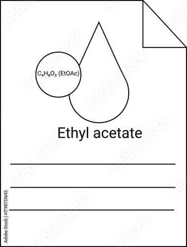 Ethyl acetate depicted on a sheet with its formula and a stylized teardrop