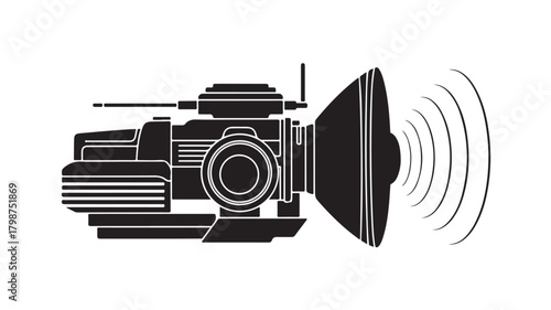 Dynamic camera silhouette broadcasting powerful sound waves in monochrome, perfect for media, broadcasting, and audio designs, delivering impact with bold simplicity