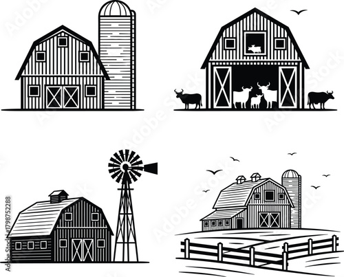 Rustic farm barn illustration set with silo, windmill, livestock and country landscape