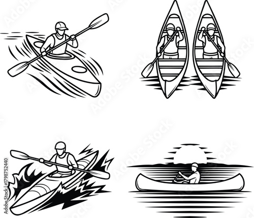 Kayak and canoe paddling illustration set with racing, whitewater and sunset lake scenes