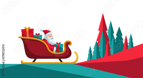 Santa Claus in sleigh with presents traveling through winter forest concept of Christmas and New Year background  