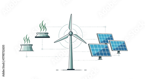 Clean energy revolution with solar panels, wind turbine, and modern power plant creating a sustainable future for generations to come