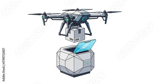 Futuristic drone delivery concept, automated package dropoff at secure terminal, modern logistics, innovation in shipping for e-commerce and business solutions