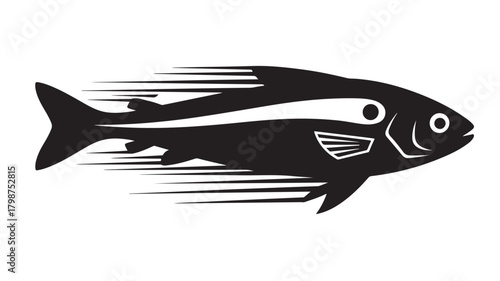 Dynamic black fish silhouette with motion lines suggesting speed and agility, perfect for branding, logos, or designs needing a touch of marine energy and sleek minimalism