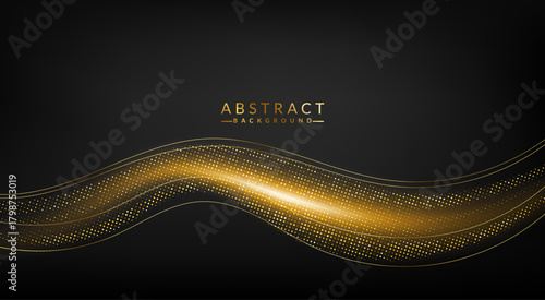 Elegant golden wave of light particles flows across a dark black background creating a luxurious abstract design.