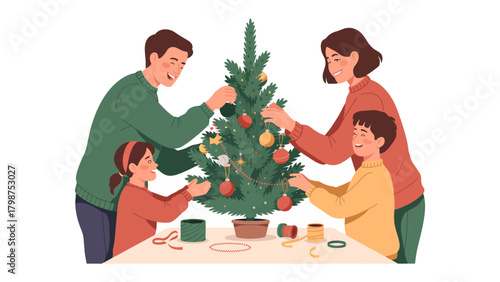 Family's Festive Preparation: A family, joyfully decorating a vibrant Christmas tree with colorful ornaments, creating a heartwarming scene of togetherness and seasonal cheer.