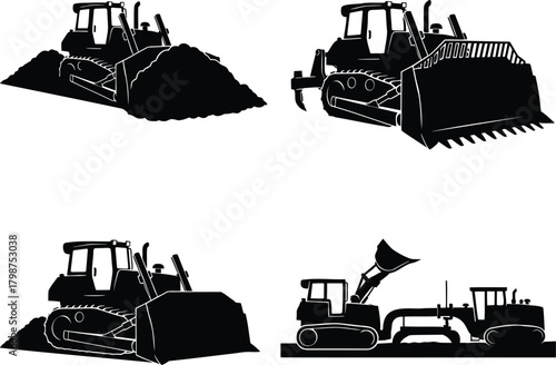 Bulldozer silhouettes set of heavy earthmoving equipment pushing soil on construction site