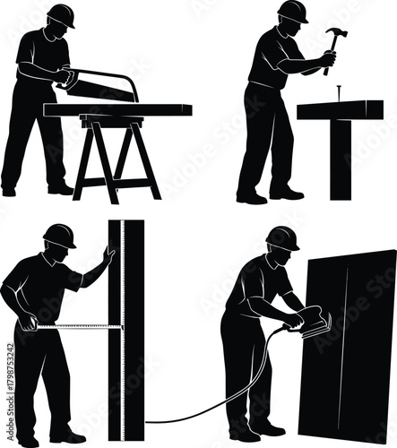 Carpenter silhouettes set cutting, hammering, measuring and sanding wood on construction site