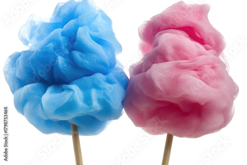 Swirled blue & pink cotton candy on sticks, close-up