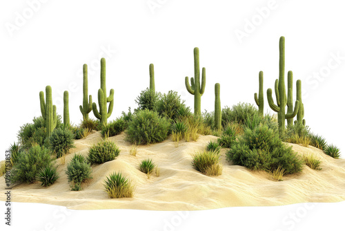 Desert hillside scene with cacti and shrubbery