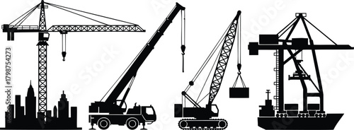 Construction and cargo cranes silhouette set with tower, mobile, and port cranes