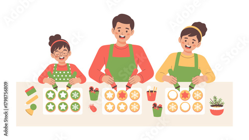 Family Baking Fun: A joyous family is engrossed in the delightful process of decorating cookies, revealing a charming scene of culinary delight and togetherness.