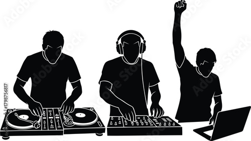 DJ Mixing on Turntables and Laptop Silhouette Illustration