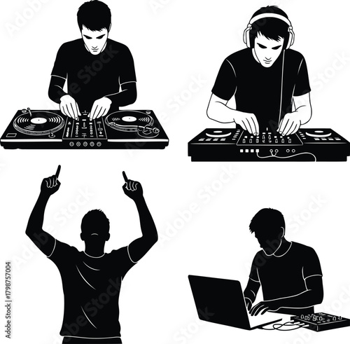 DJ Mixing on Turntables and Laptop Silhouette Vector Set