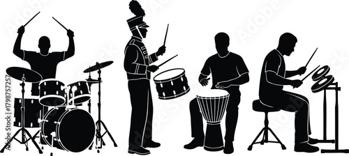 Drummers Playing Drum Set Marching Snare Djembe and Electronic Drums Vector