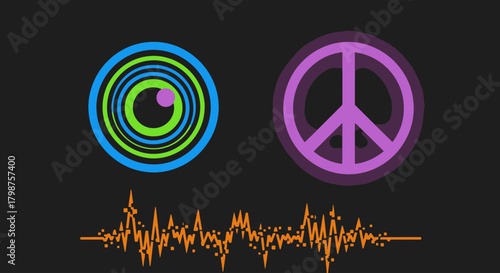 Vector illustration of hypnotic spiral eye, peace sign, and sound wave on black background with a modern design style
