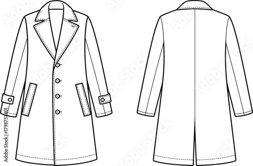 Classic long coat technical fashion sketch, tailored outerwear illustration, detailed garment flat drawing, professional apparel template for designers, flat vector illustration