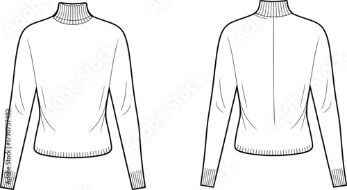 Classic turtleneck sweater template, stylish knitwear garment design, front and back clothing outline sketch for fashion designers, detailed apparel mockup, flat vector illustration