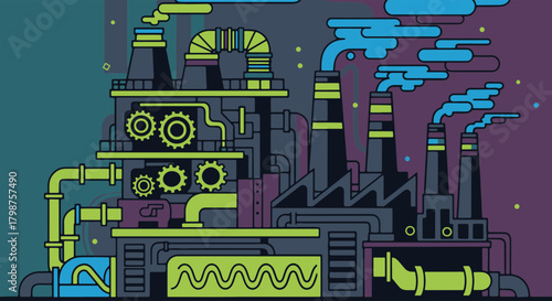 Stylized illustration of an industrial factory with gears and smoke stacks emitting pollution, environmental concerns depicted in vector art