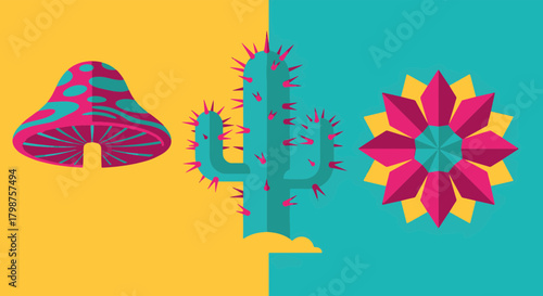 Vibrant Desert Flora Illustration: A Colorful Trio of Mushroom, Cactus, and Flower in Retro Design, vector illustration