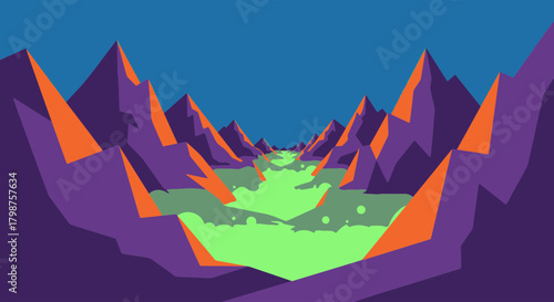 Retro futuristic mountain valley landscape illustration with stylized peaks and vibrant colors in a vector style background, perfect for modern digital art