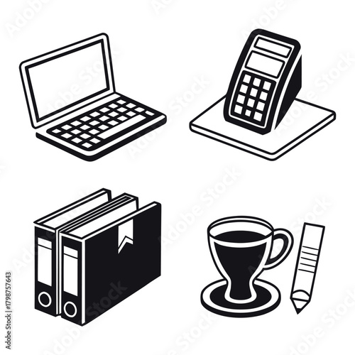 Collection of hand drawn office supplies including laptop, calculator, binders and coffee cup
