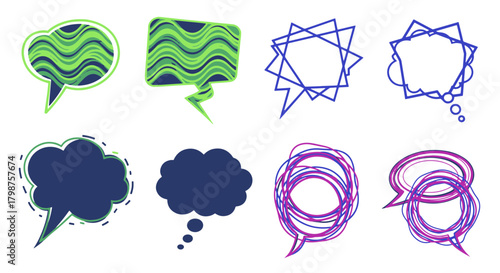 Creative speech bubble vector illustration set with wavy, polygon, and scribble designs in varied styles, ideal for graphic designs and communication concepts.