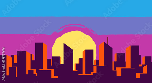 Vector cityscape illustration with sunset or sunrise in purple and yellow colors for modern graphic design and backgrounds, futuristic metropolis