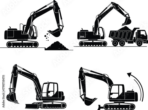 Excavator silhouettes digging loading dump truck and rotating construction arm