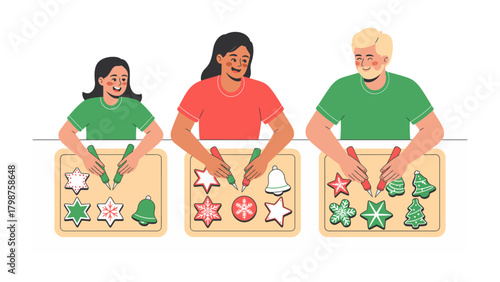 Festive Baking Family: A cheerful family gathering, decorating gingerbread cookies, embodying the essence of holiday traditions. They are filled with happiness.