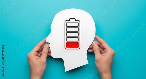 Human head silhouette with a low battery indicator, symbolizing mental fatigue, burnout, or low energy levels