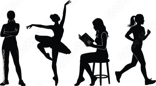 Women silhouettes standing ballet dancing reading and jogging lifestyle set