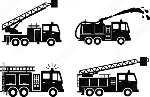 Fire truck silhouettes with ladder water hose and emergency rescue vehicles set